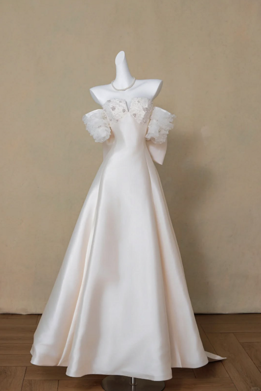 Stunnning Satin Applique Prom Gown White Women's Maxi Evening Dress Birthday Dress RS2776