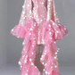 Pink sequined long-sleeved fitted waist lace skirt ball gown R6456
