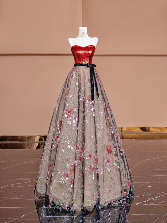 Red strapless fitted bodice with black lace floral print long ball gown R8401