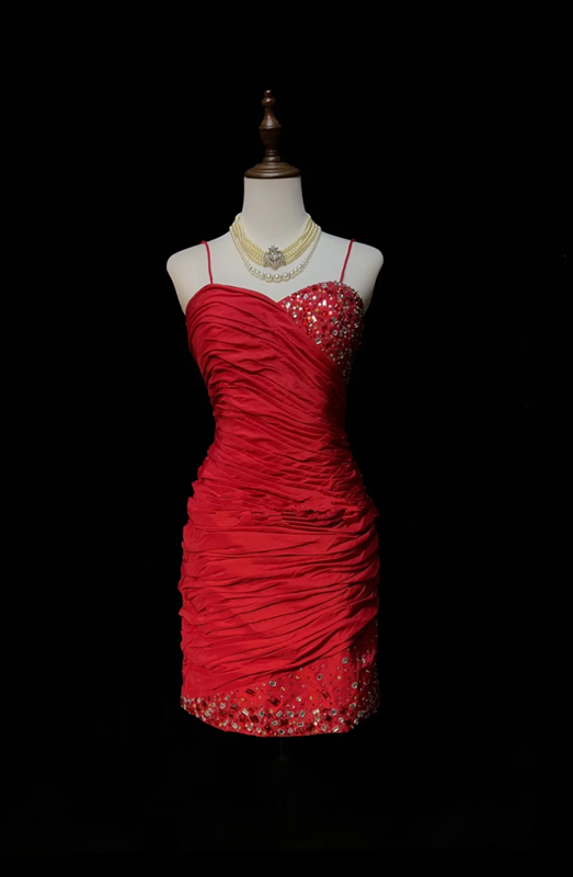 Red suspenders slim waist pleated hip skirt homecoming dress R5226