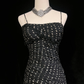 Black suspender polka dot pleated waist slim hip mid-length skirt homecoming dress R4923