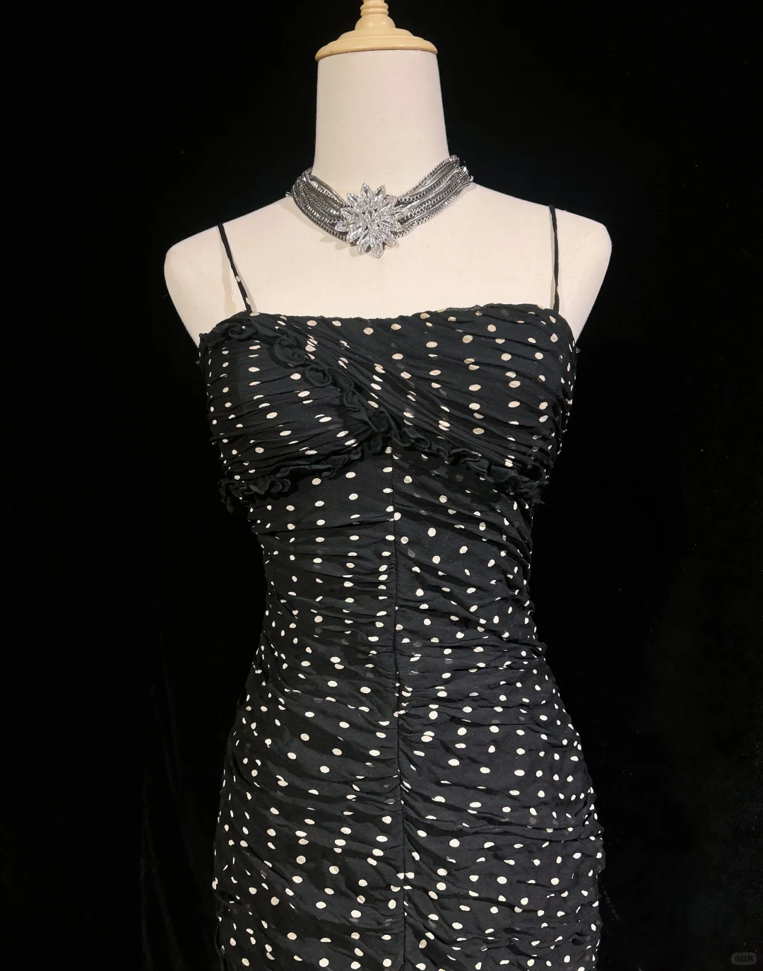 Black suspender polka dot pleated waist slim hip mid-length skirt homecoming dress R4923