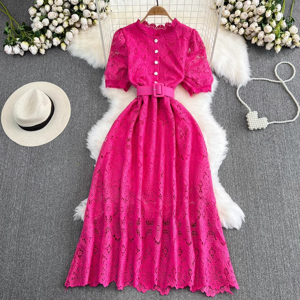 puff sleeves round neck A-line lace dress elegant long skirt      S4262