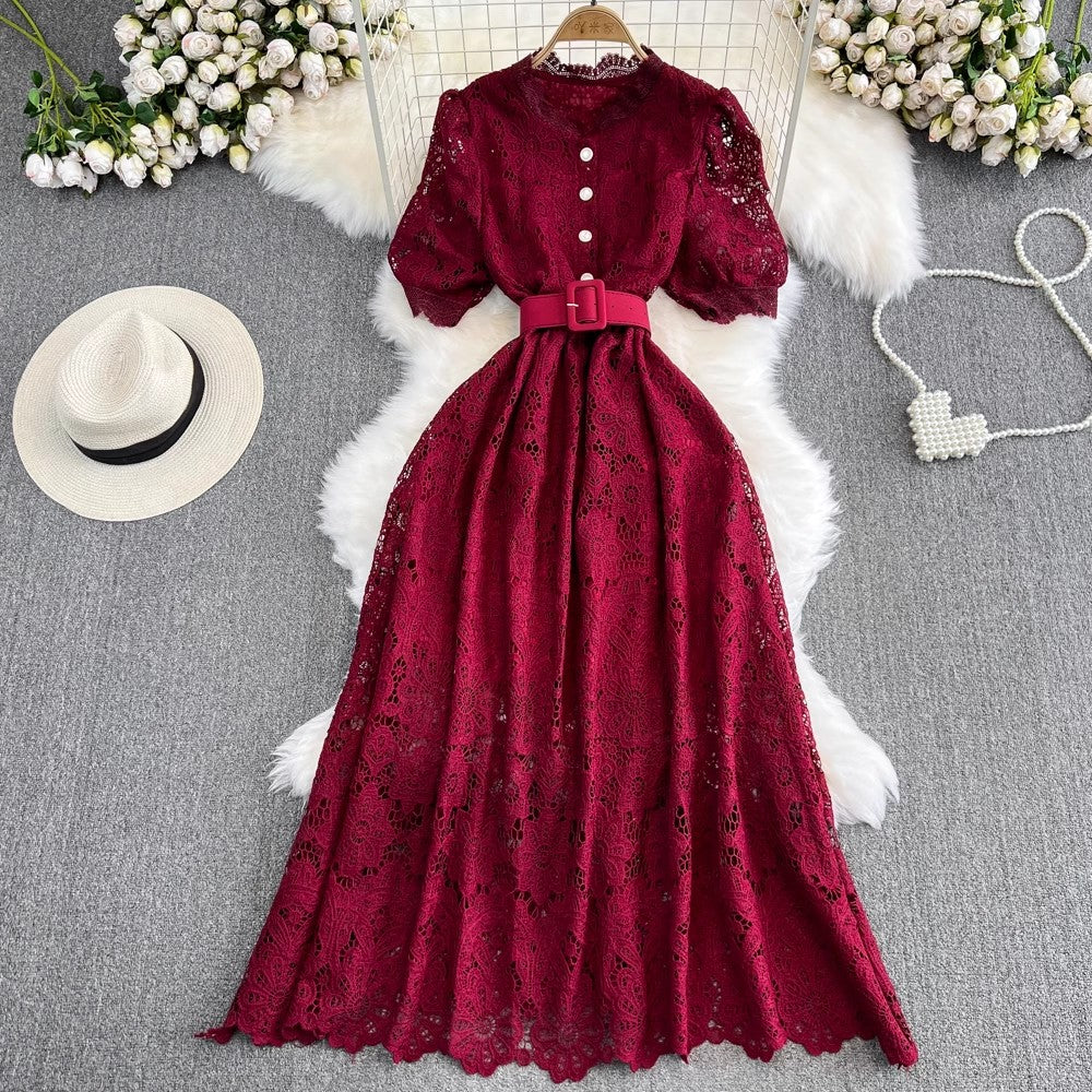 puff sleeves round neck A-line lace dress elegant long skirt      S4262