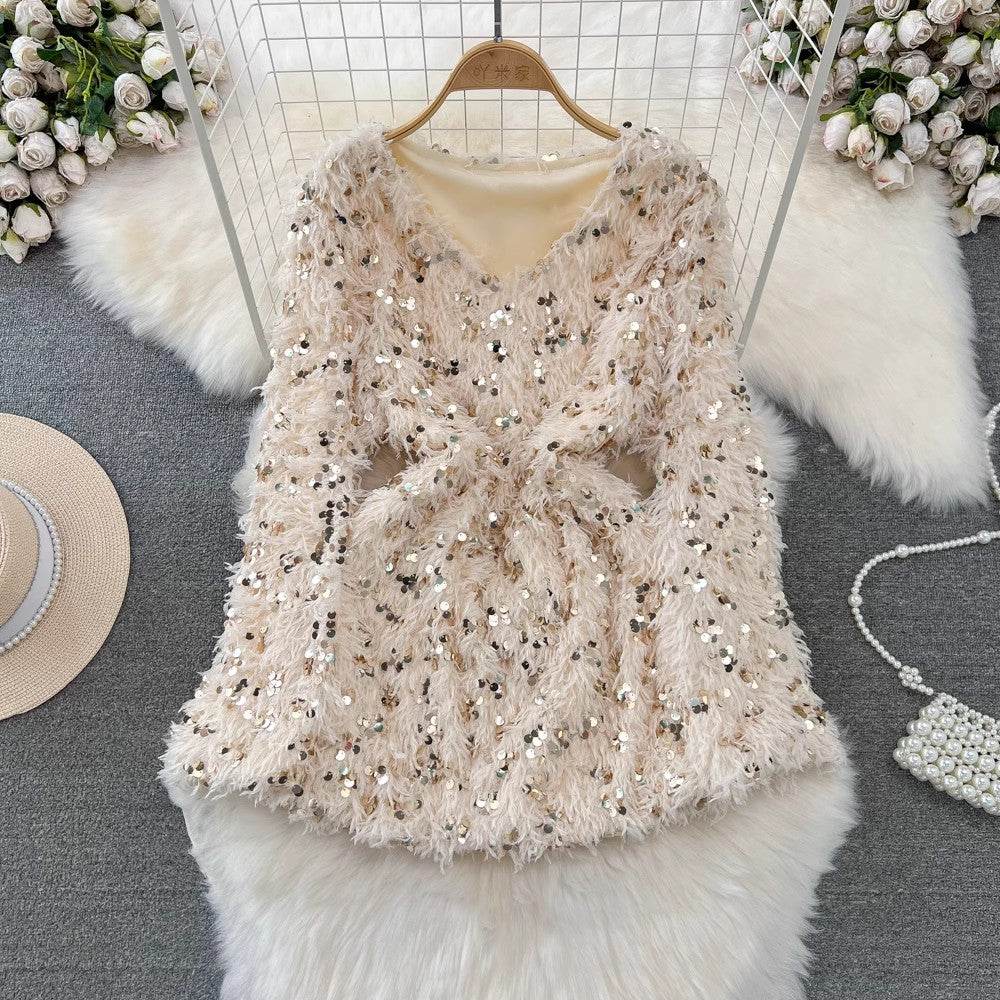 long-sleeved V-neck A-line sparkling sequined furry dress for women     S4336