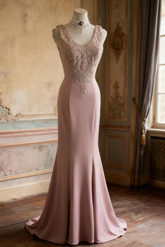 Light pink embroidered floral pattern fitted waist bodycon long ball gown R6696