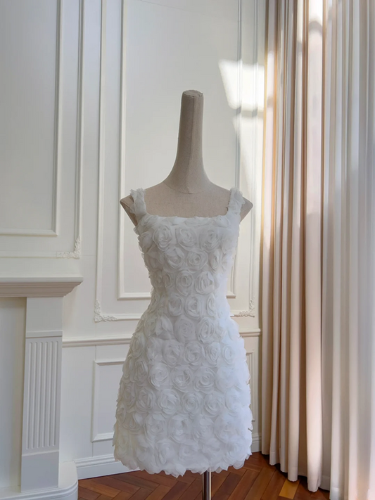 White suspenders three-dimensional flowers waist slimming short skirt homecoming dress R5045