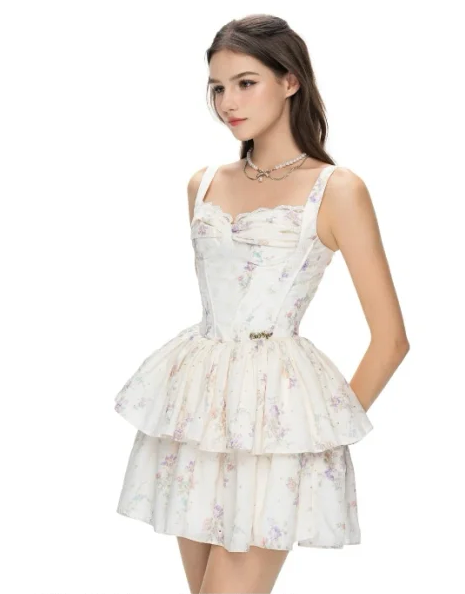 White floral halter waist cute cake skirt homecoming dress R4759