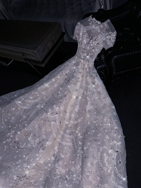 Silver sequined round neck fitted waist long ball gown/bridal dress R8772