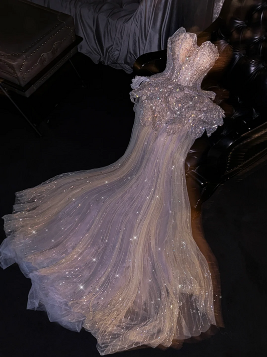 Light pink strapless silver sequined fitted long ball gown, bridal dress R8802