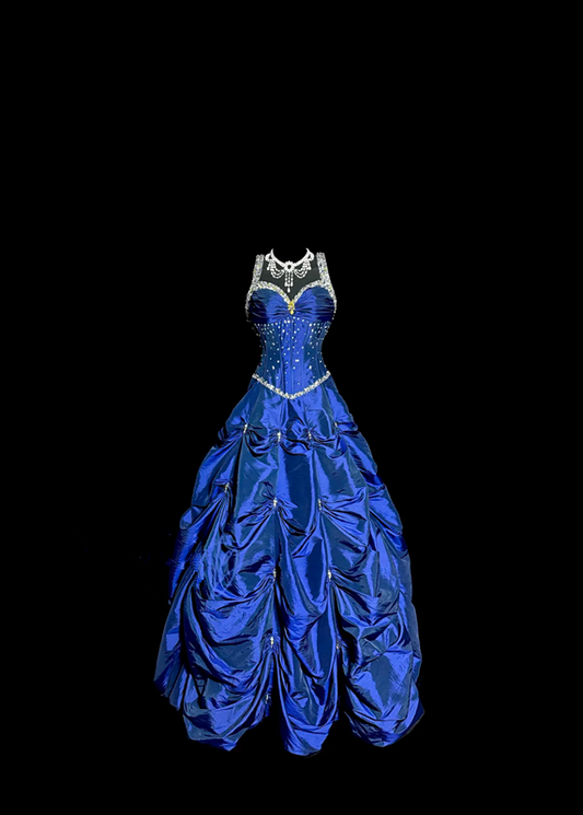 Blue halter-neck fitted long ball gown with a full skirt R6656