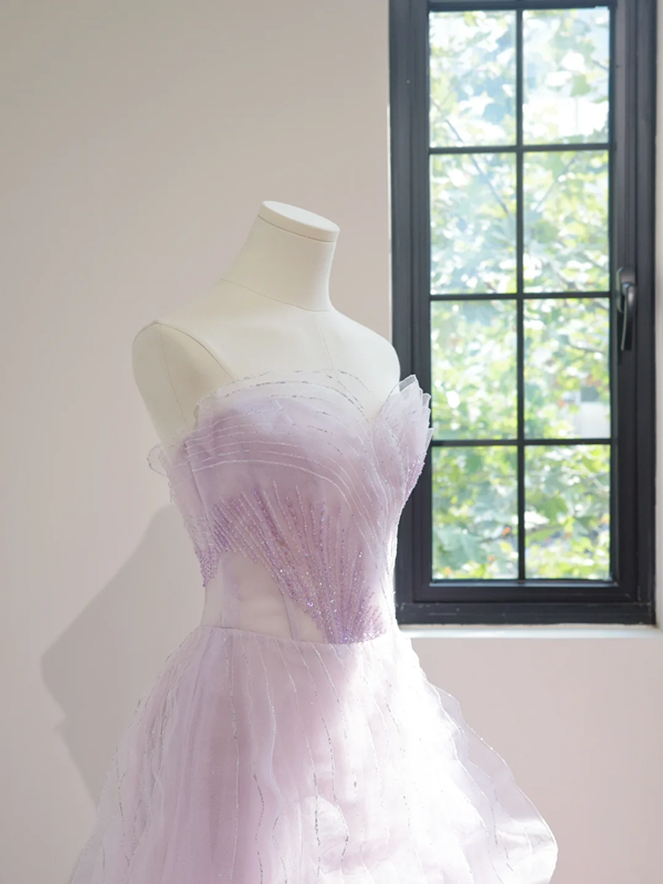 Light purple strapless, fitted waist, full skirt, long ball gown R8461