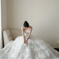 White strapless, waist-cinched, full-skirted long prom dress R7962