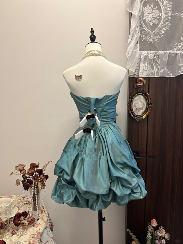 Green tube top waist retro high-end flower bud skirt short skirt homecoming dress R4274
