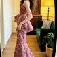 Pink floral strapless fitted waist bodycon sexy long ball gown R8588