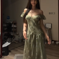 Gray-green off-shoulder fitted waist sexy long ball gown R8085