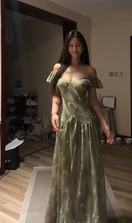 Gray-green off-shoulder fitted waist sexy long ball gown R8085