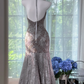 Grey halter-neck rhinestone-embellished fitted bodycon long ball gown R7611