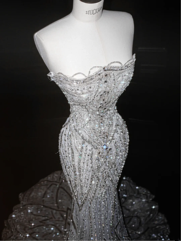 Silver sequined tube-top slim-waisted hip-hugging fishtail maxi skirt, prom dress R5661