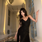 Black sequined halter-neck fitted long sexy ball gown R8862