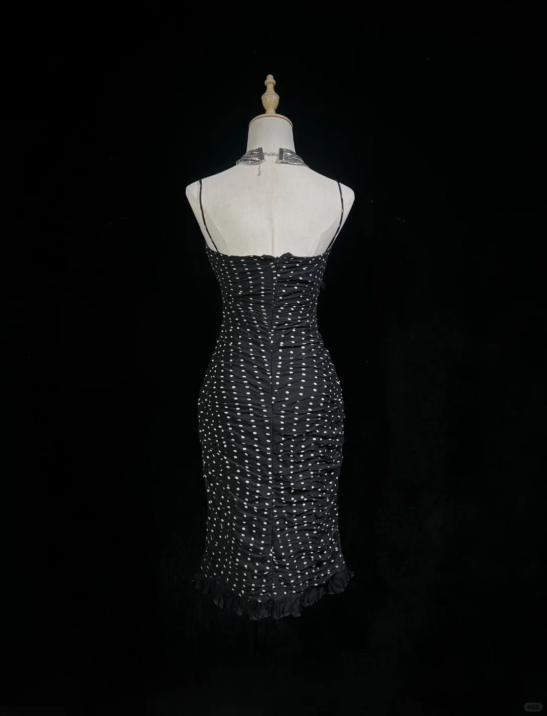 Black suspender polka dot pleated waist slim hip mid-length skirt homecoming dress R4923