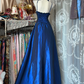 Blue halter neck satin waist slim fit A-line maxi ball gown R6136