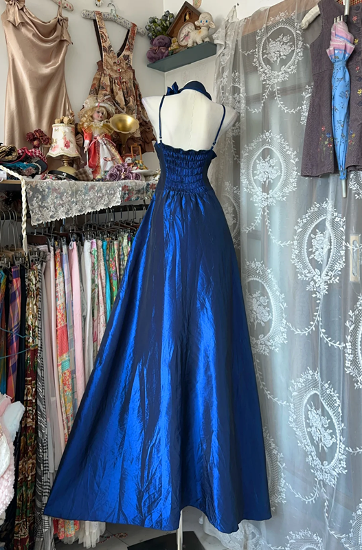 Blue halter neck satin waist slim fit A-line maxi ball gown R6136