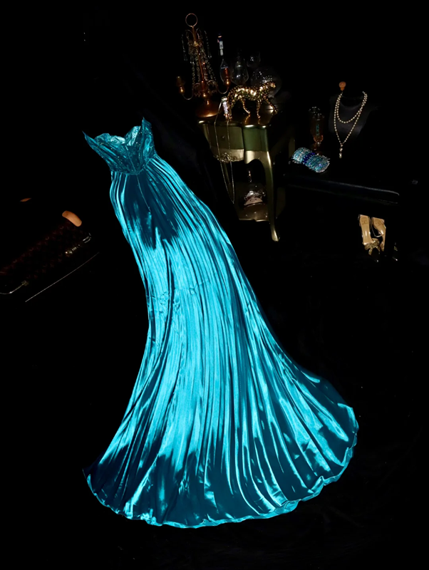 Lake blue strapless fitted satin long ball gown R6855