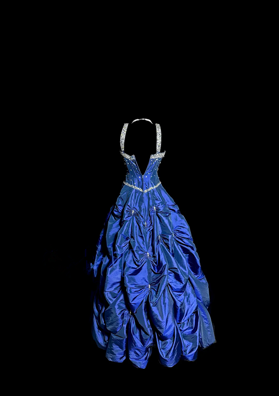 Blue halter-neck fitted long ball gown with a full skirt R6656