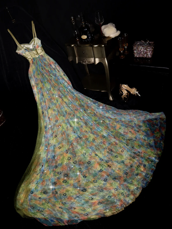 Yellow floral print halter-neck fitted long ball gown R7015