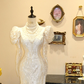 Apricot Puffed-Sleeve Waist-Cinched Slim-Fit Lace Sexy & Elegant Ball Gown, Bridal Gown R7135