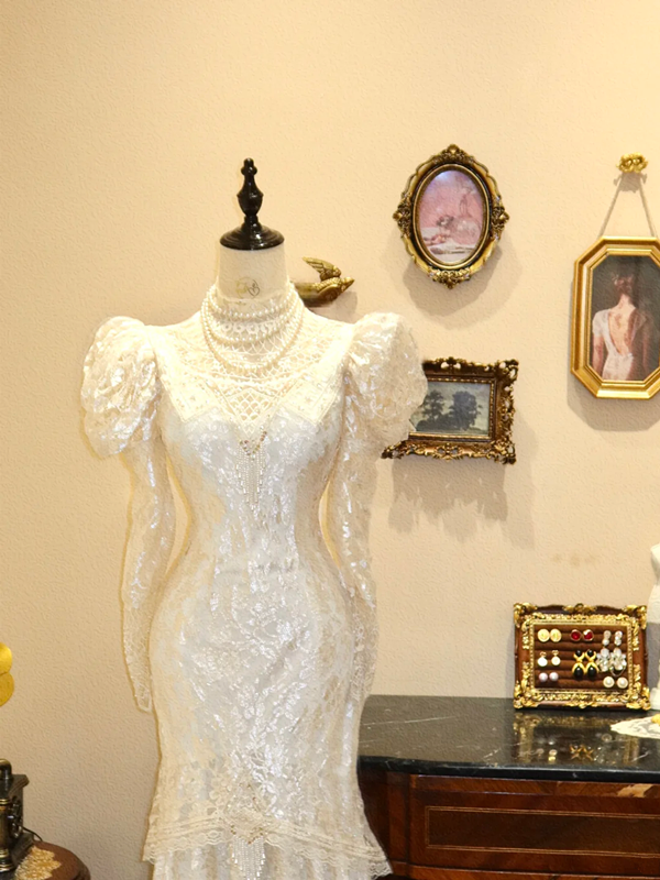 Apricot Puffed-Sleeve Waist-Cinched Slim-Fit Lace Sexy & Elegant Ball Gown, Bridal Gown R7135