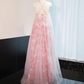 Pink halter-neck straight-cut long ball gown, bridal dress R9012