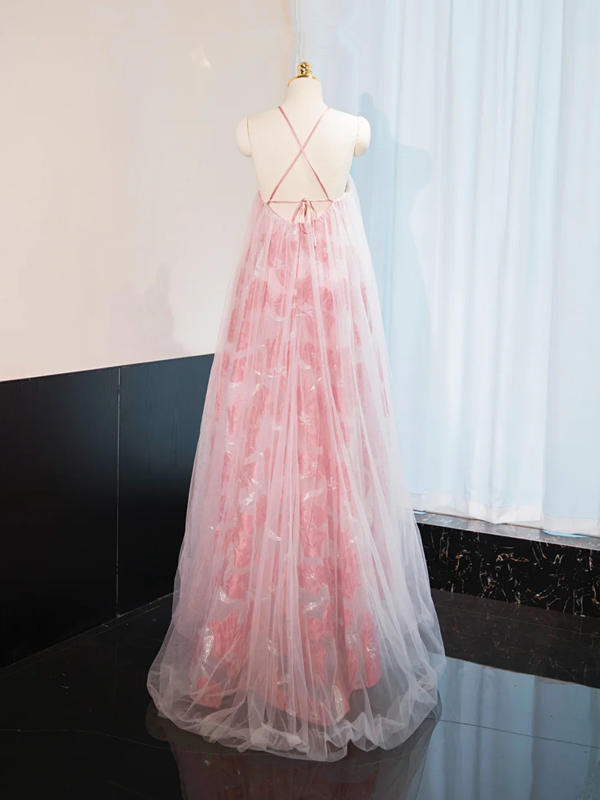 Pink halter-neck straight-cut long ball gown, bridal dress R9012