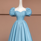 Blue puff-sleeved, fitted, long, elegant ball gown R8491