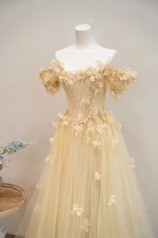 Apricot-colored off-shoulder fitted long ball gown R8892