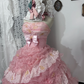 Light pink strapless fitted waist ball gown with a full tiered skirt, bridal gown R7248
