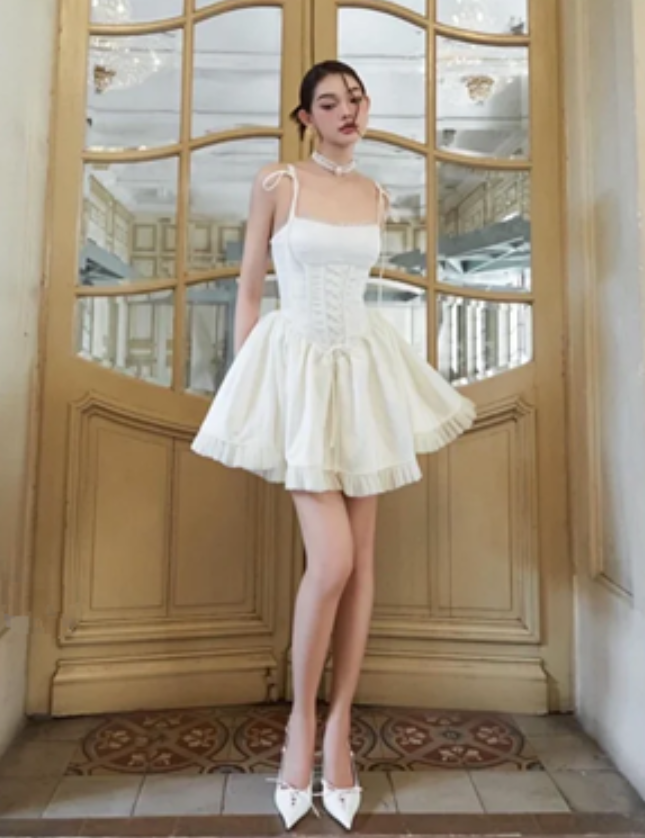 White suspenders waist slimming lively cute short skirt homecoming dress R4676