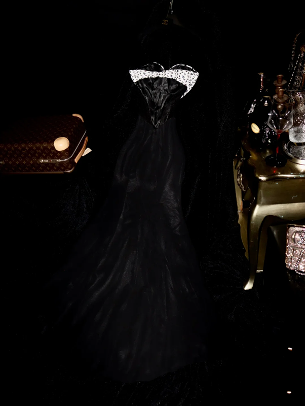 Black strapless sequined fitted long ball gown R6975