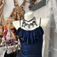 Dark blue suspender satin waist slim hip short skirt ball gown R6177