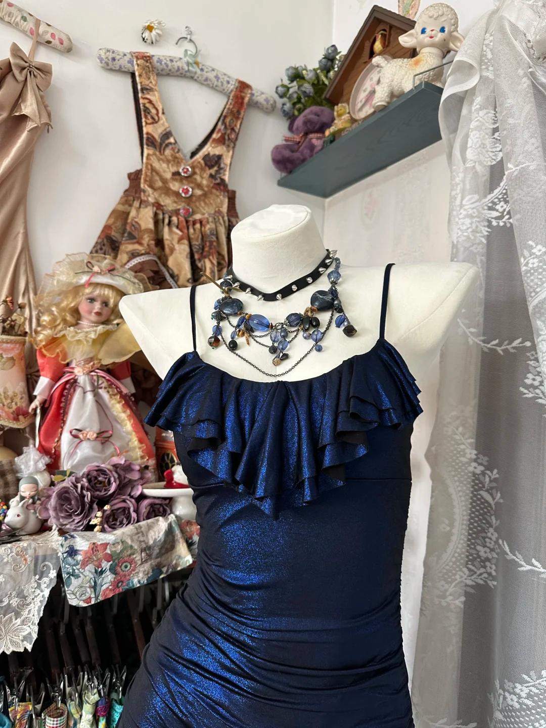 Dark blue suspender satin waist slim hip short skirt ball gown R6177