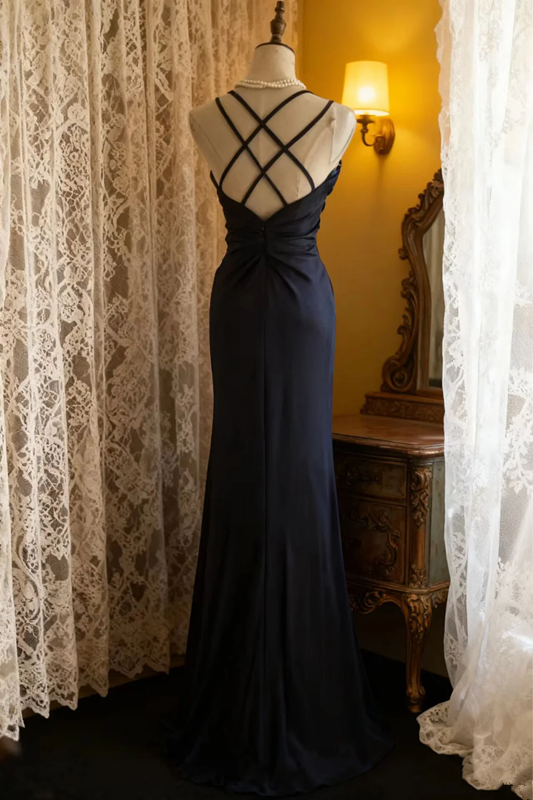 Navy blue halter-neck fitted long ball gown R6736