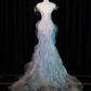 Light blue off-the-shoulder fitted waist bodycon long ball gown, bridal dress R8922