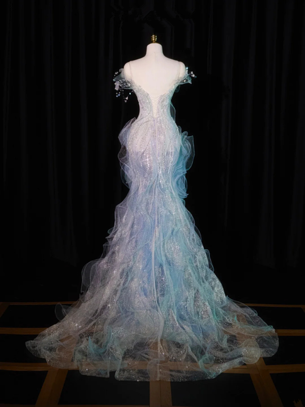 Light blue off-the-shoulder fitted waist bodycon long ball gown, bridal dress R8922