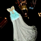 Lake blue dress with gold floral pattern, strapless, fitted waist, short ball gown R6895