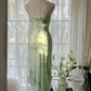 Light green one-shoulder halter-neck fitted waist slim-fit long ball gown with irregular hem R7691