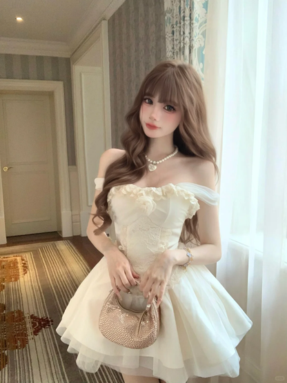 Apricot one-shoulder slim waist A-line design short skirt homecoming dress R4232
