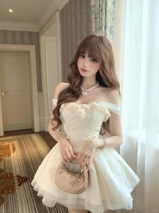 Apricot one-shoulder slim waist A-line design short skirt homecoming dress R4232