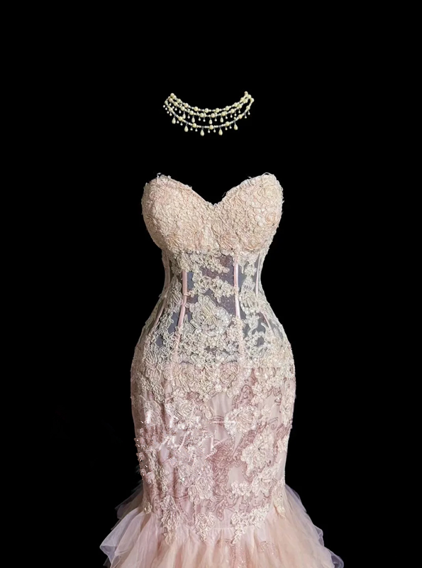 Light pink strapless lace bodycon long ball gown R6616