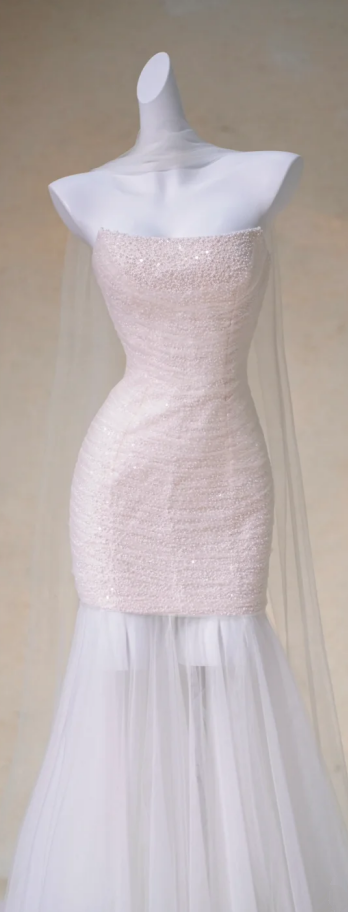 Pink tube top waist slim hip skirt white tulle bridal dress R5743